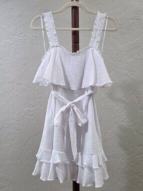 White Summer Ruffle Tiered Dress With Waist Tie